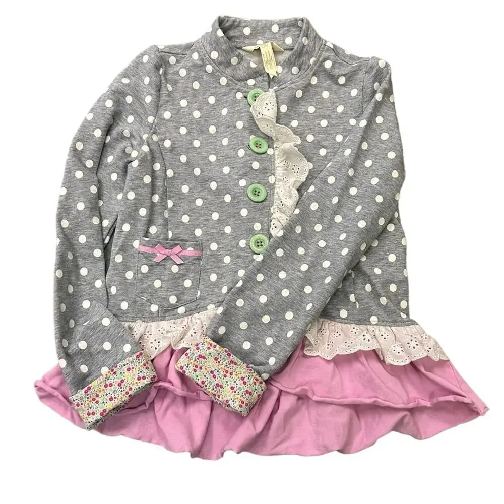 Matilda Jane Lead The Way Jacket Polka Dots Ruffled Hem Pink Gray Size 8